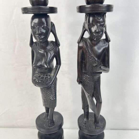 Pair of Vintage African Hand Carved Iron Wood Figural Sculptures Candle Sticks - Picture 4 of 15